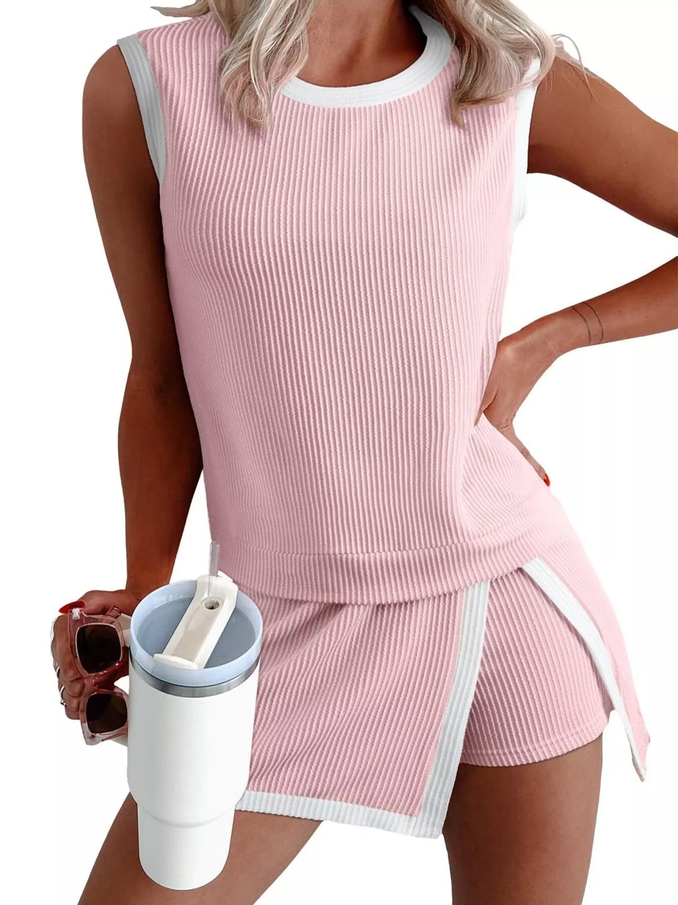 Hazel Blues® | Ribbed Knit Sleeveless Top and Skort Set