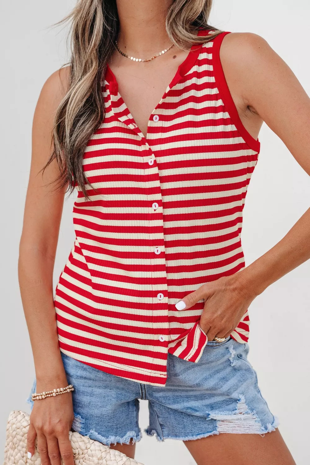 Hazel Blues® | Stripe Buttoned Ribbed Knit Tank Top