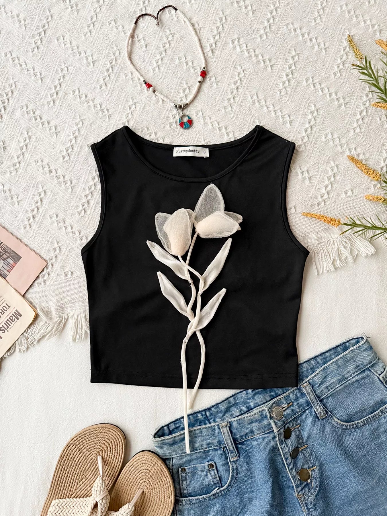 Hazel Blues® | Floral Applique Round Neck Tank Top