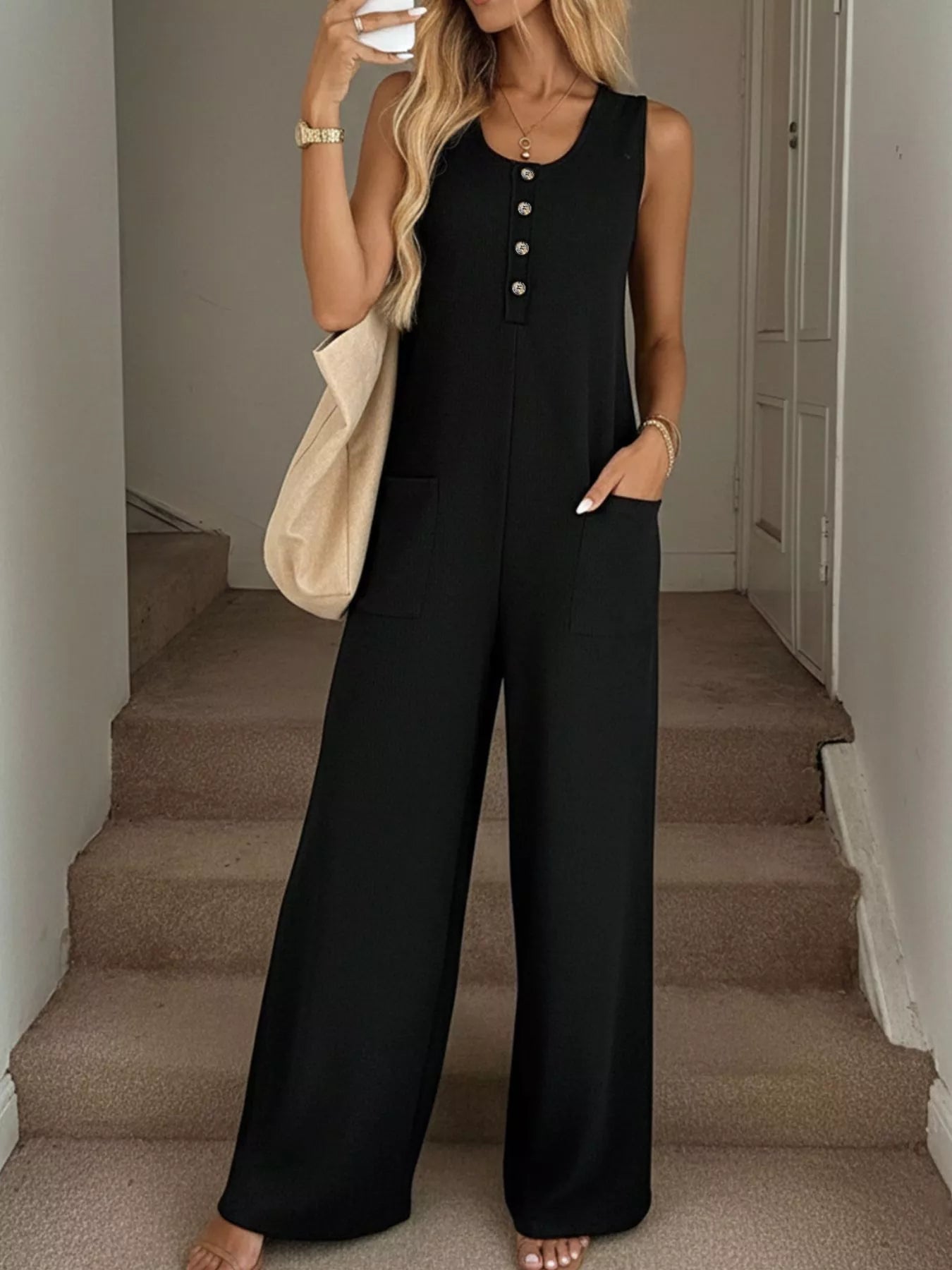 Hazel Blues® | Sleeveless Button-Front Wide Leg Jumpsuit