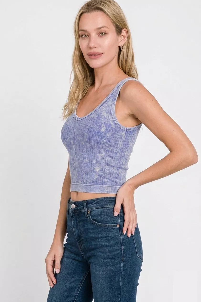Hazel Blues® | Zenana Washed Ribbed Seamless Cropped V-neck Tank Top