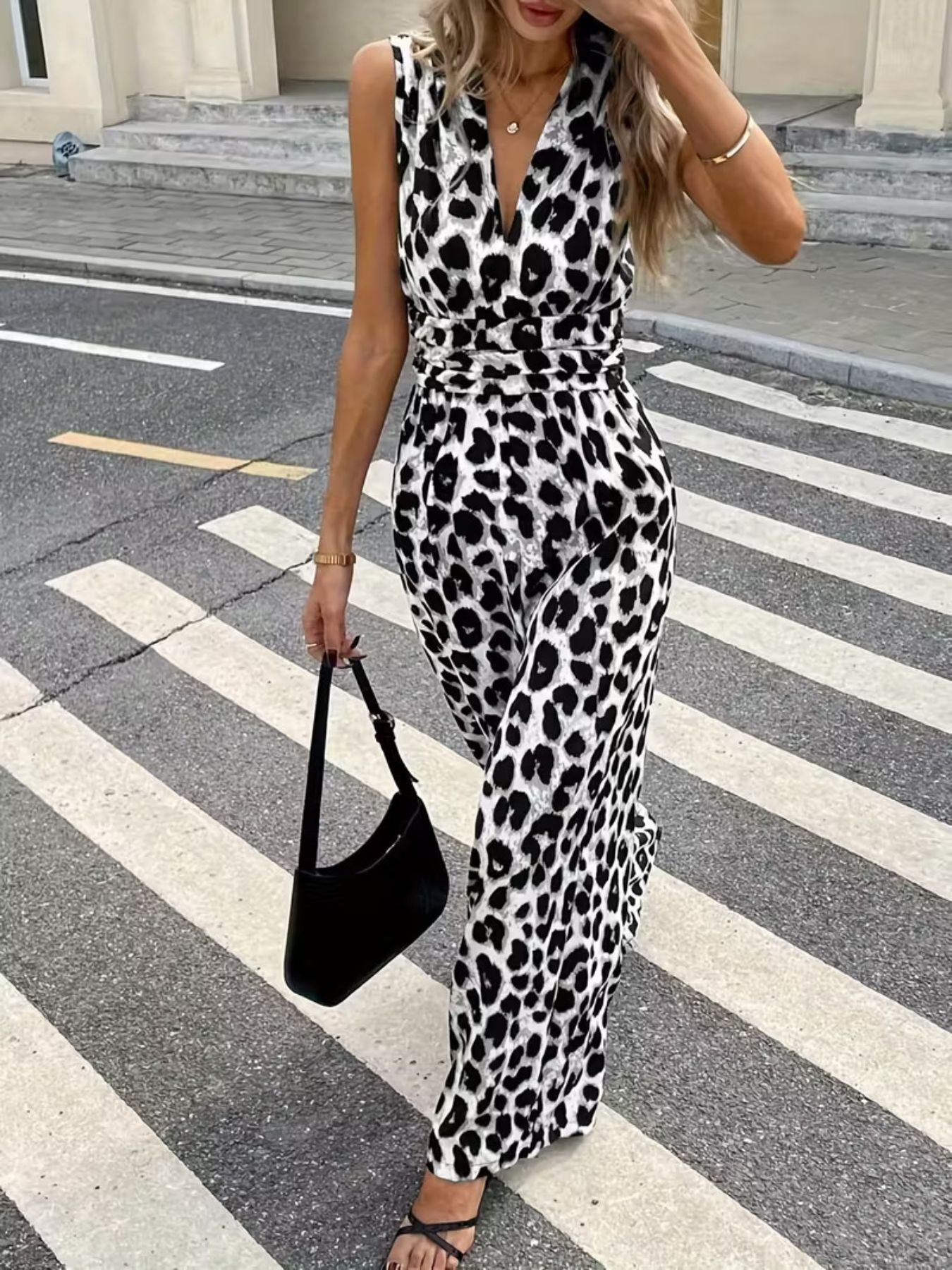 Hazel Blues® | Sleeveless V-Neck Leopard Print Wide Leg Jumpsuit