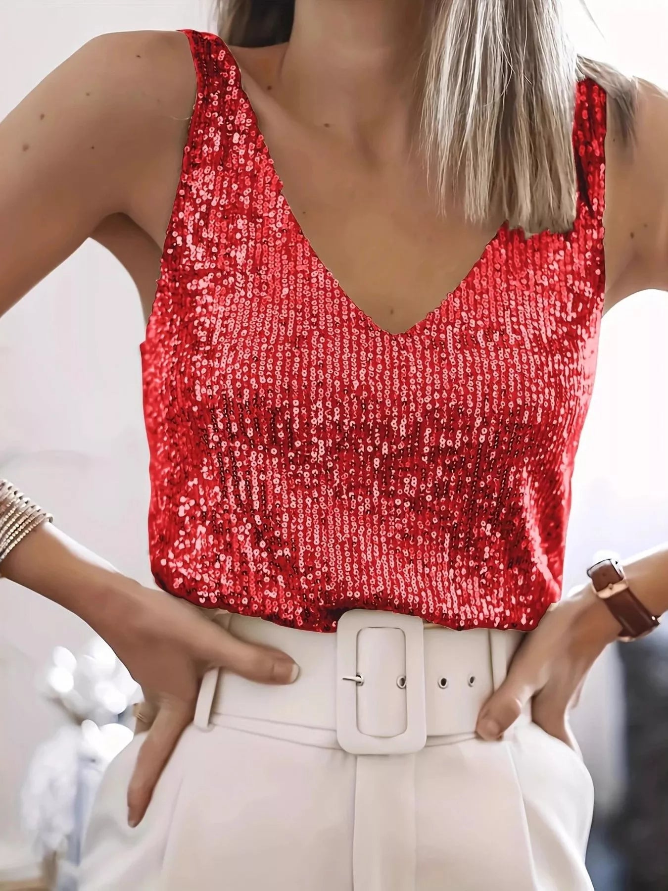 Hazel Blues® | Sequin V-Neck Tank Top