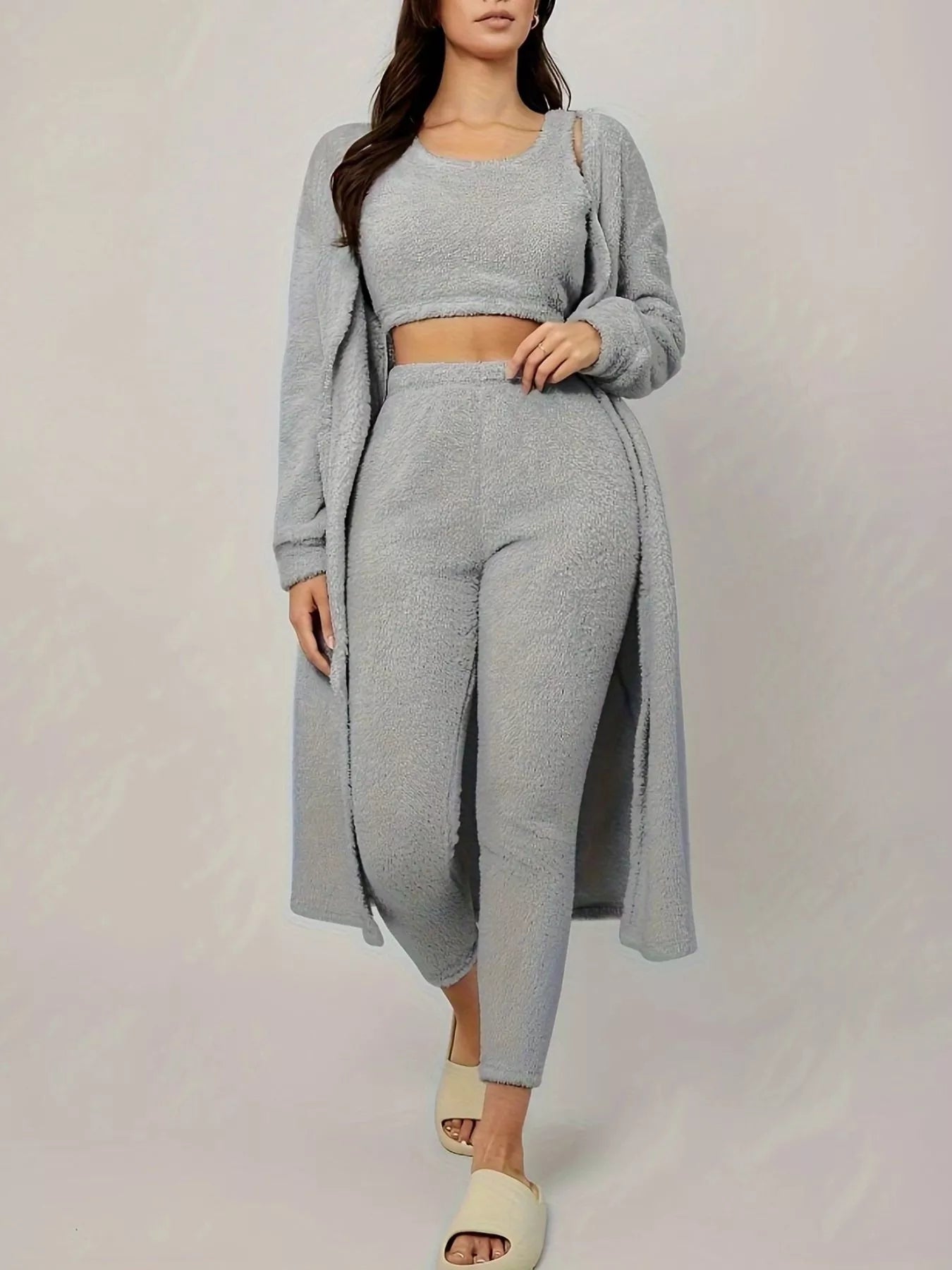 Hazel Blues® | Fuzzy Tank Long Sleeve Cardigan and Pants 3-Piece Lounge Set
