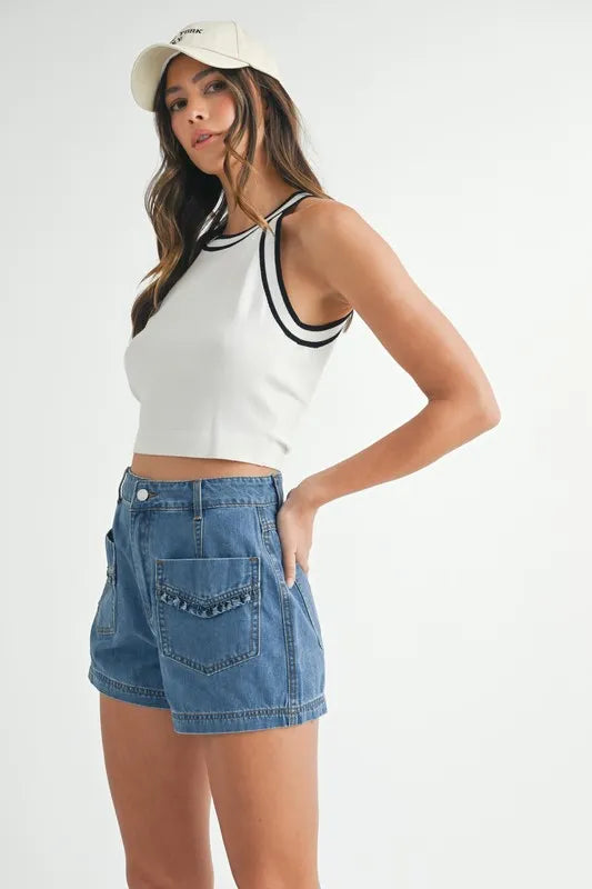 Hazel Blues® | MABLE Contrast Trim Grecian Neck Cropped Tank