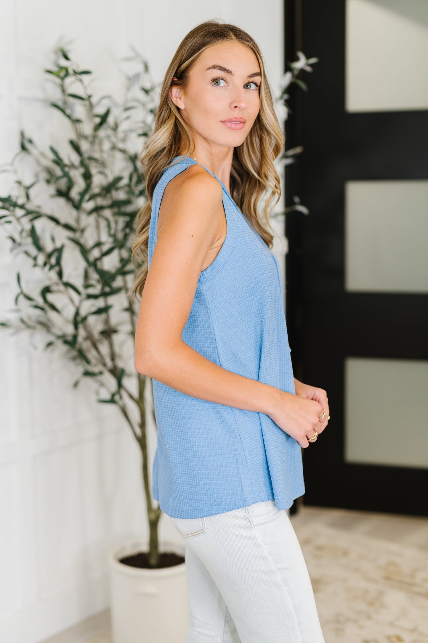 Hazel Blues® | Buttoned Up Buttercup Sleeveless Top in Ocean Blue