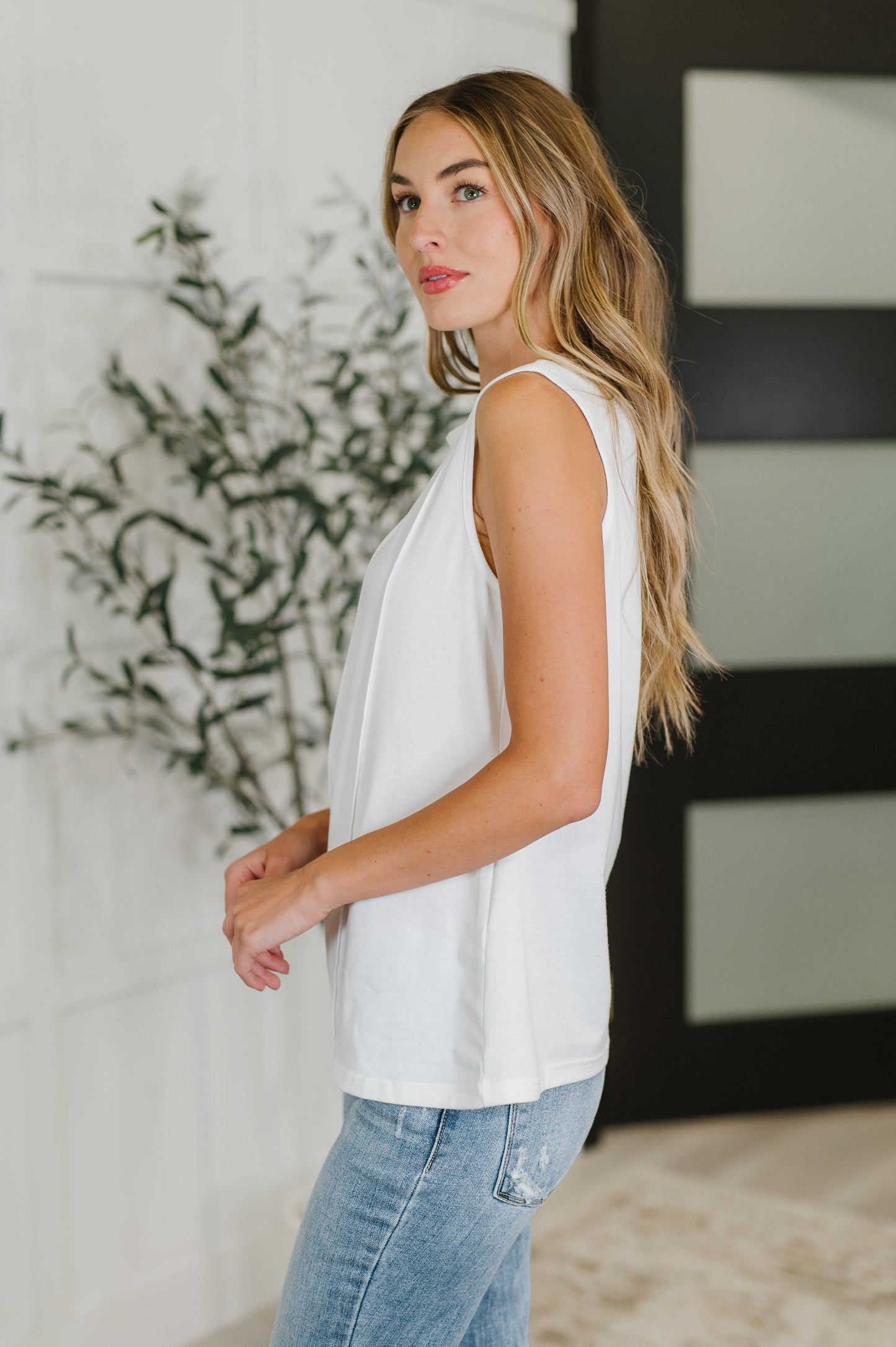 Hazel Blues® | New Normal Pleat Detail Sleeveless Top in White
