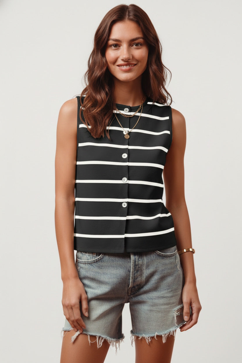 Hazel Blues® | SO ME Button Front Stripe Fine Sweater Sleeveless Top