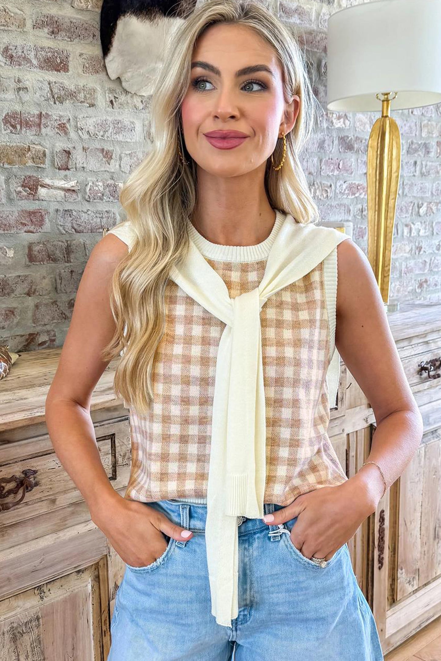 Hazel Blues® | Khaki Gingham Plaid Knit Detachable Shawl Wrap Sweater Tank Top