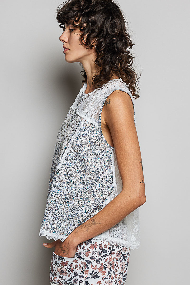 Hazel Blues® | POL Printed Woven Lace Back Round Neck Sleeveless Top