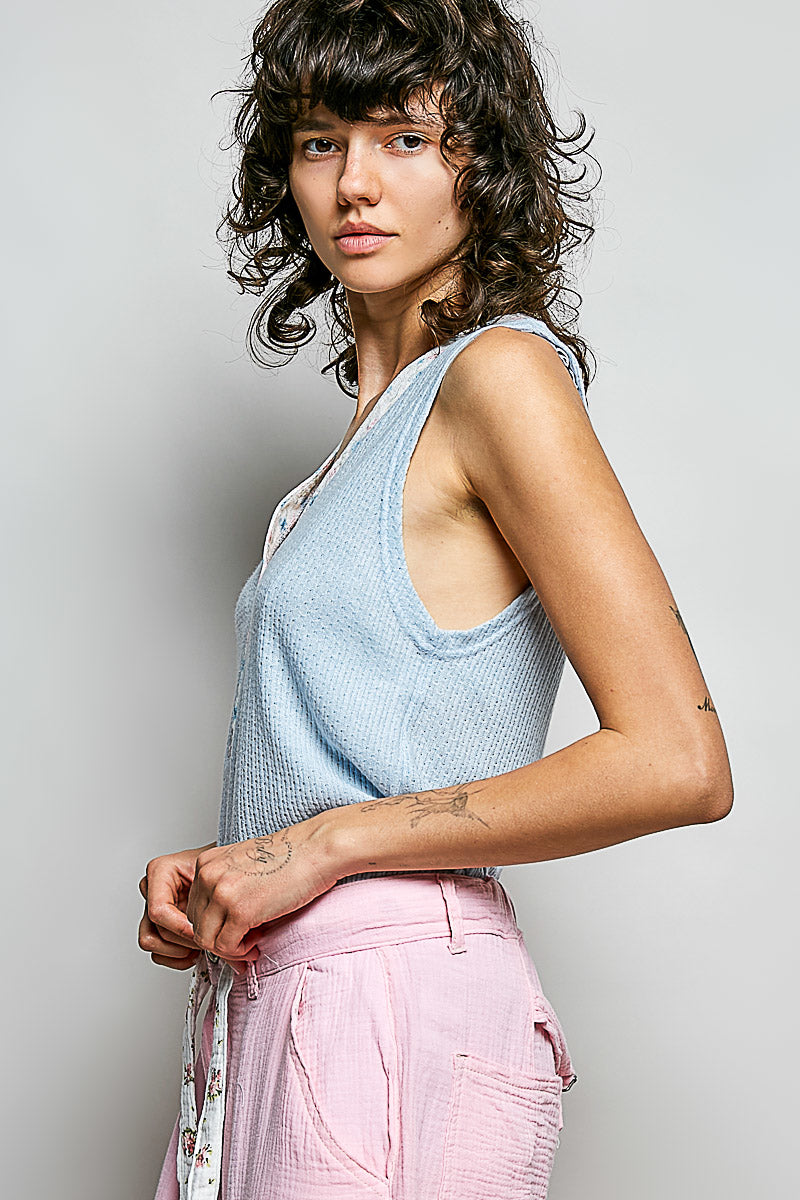 Hazel Blues® | POL Ribbed V-Neck Tank with Contrast Floral Neckband