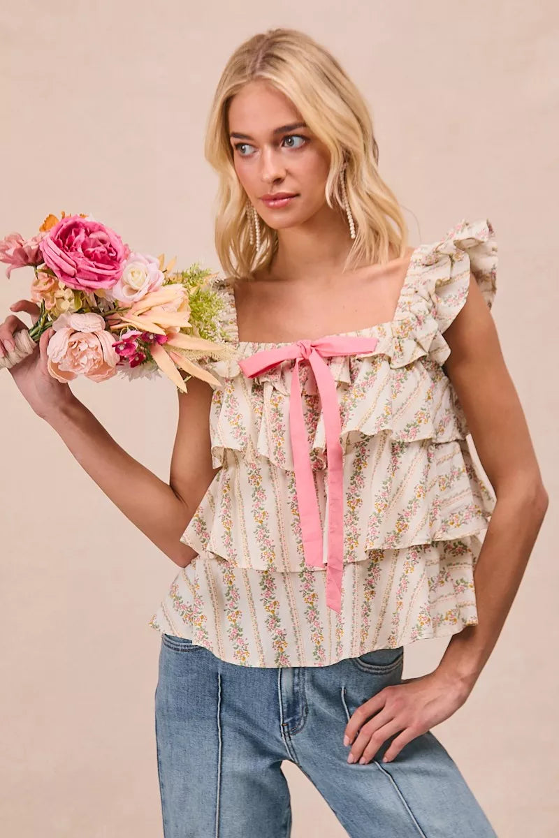 Hazel Blues® | BiBi Floral Printed Woven Front Bow Tied Ruffled Square Neck Sleeveless Top