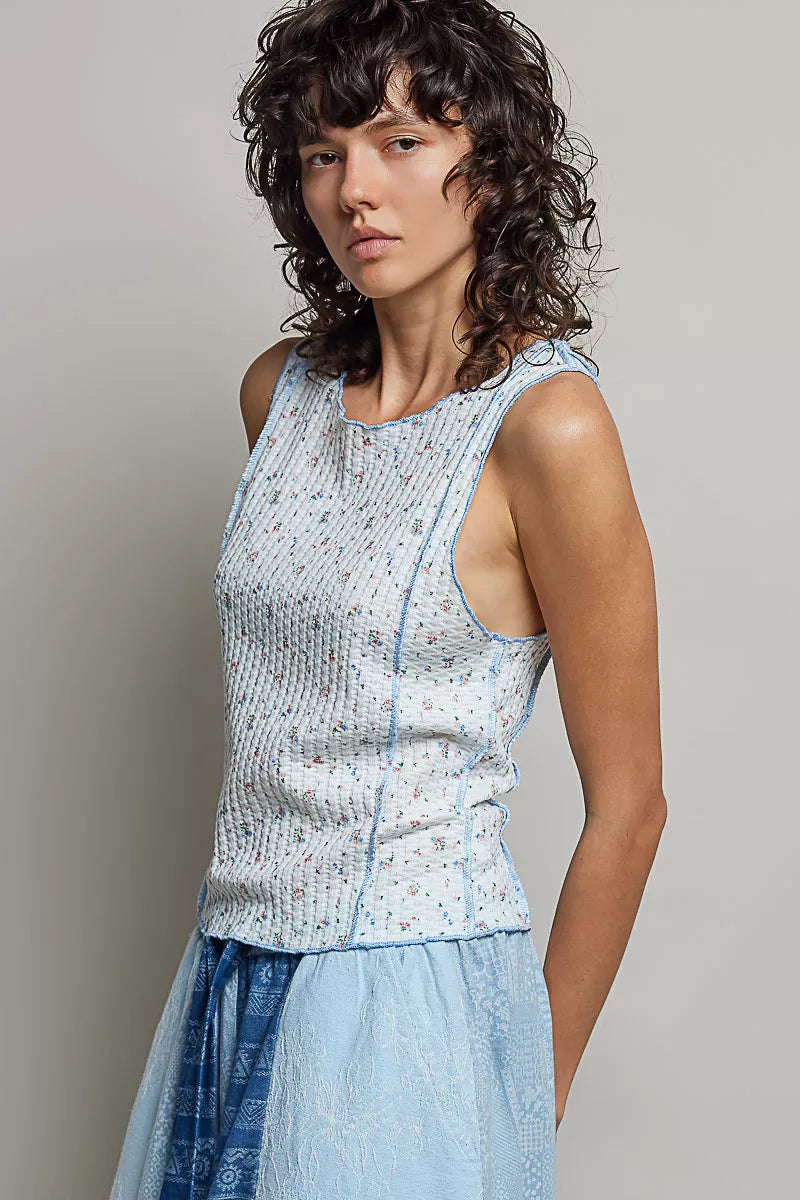 Hazel Blues® | POL Seam detail Floral Round Neck Ribbed Tank
