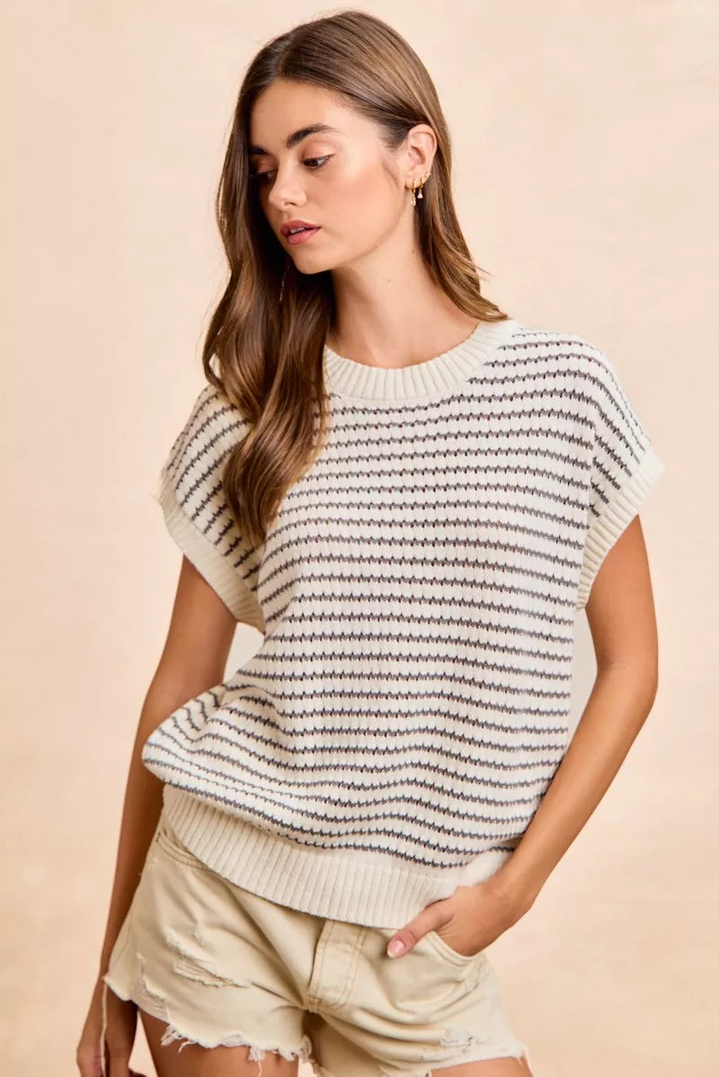 Hazel Blues® | BiBi Pointelle Stripes Sleeveless Drop Shoulder Lightweight Sweater Top