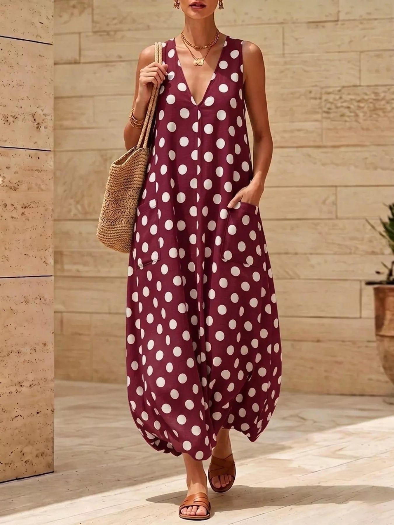 Hazel Blues® |  Polka Dot V-Neck Sleeveless Maxi Dress
