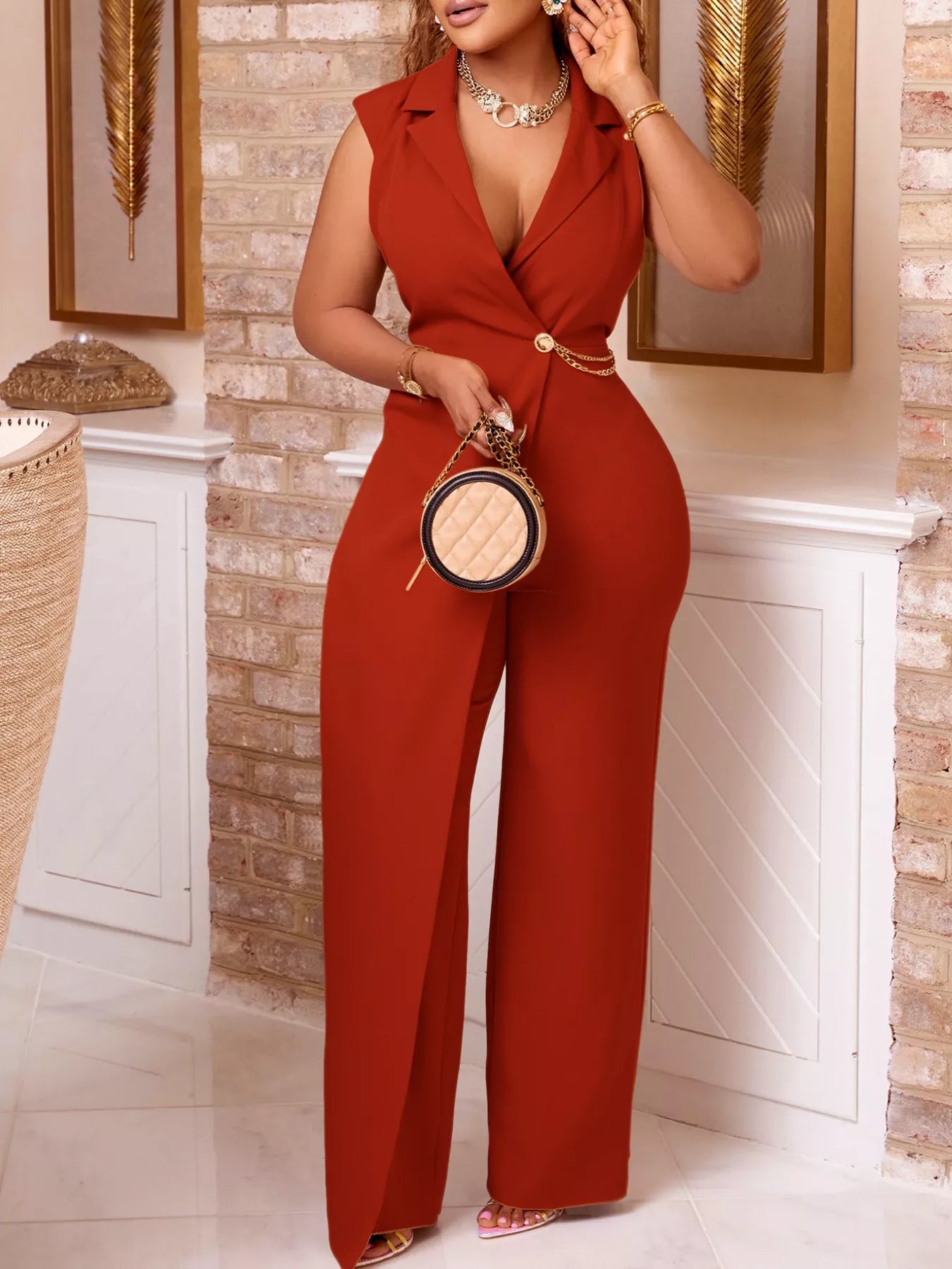 Hazel Blues® | Asymmetrical Sleeveless Blazer Style Wide Leg Jumpsuit