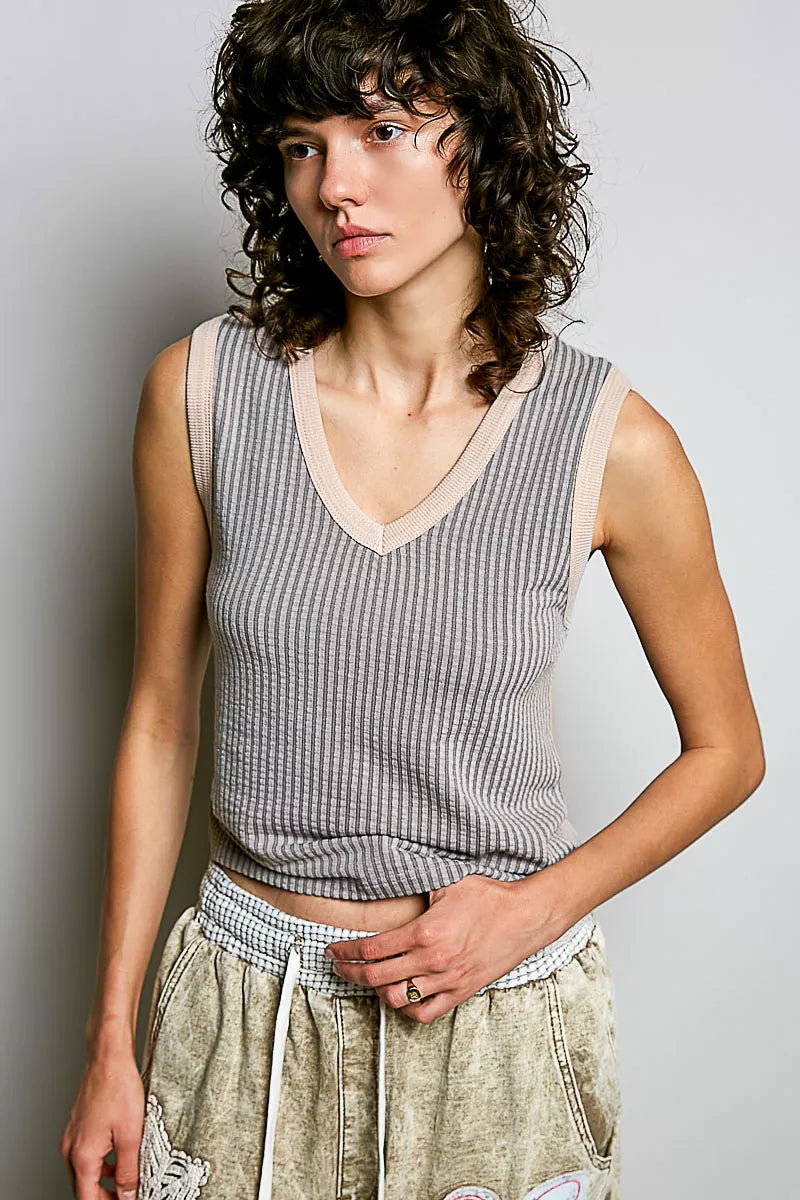 Hazel Blues® |  POL V-Neck Contrast Ribbed Sleeveless Tank