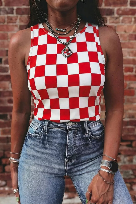 Hazel Blues® |  Checkered Print Round Neck Tank
