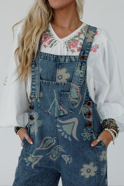 High Hopes Slouchy Pocket Denim Overalls - Blue Artsy Floral