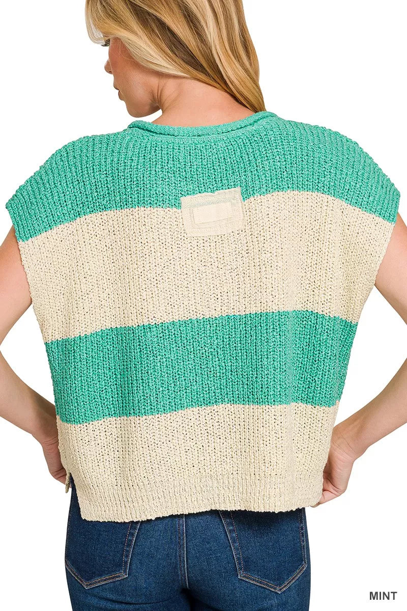 Hazel Blues® |  Zenana Split Neck Sleeveless Stripe Sweater