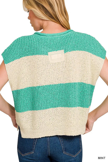 Hazel Blues® |  Zenana Split Neck Sleeveless Stripe Sweater