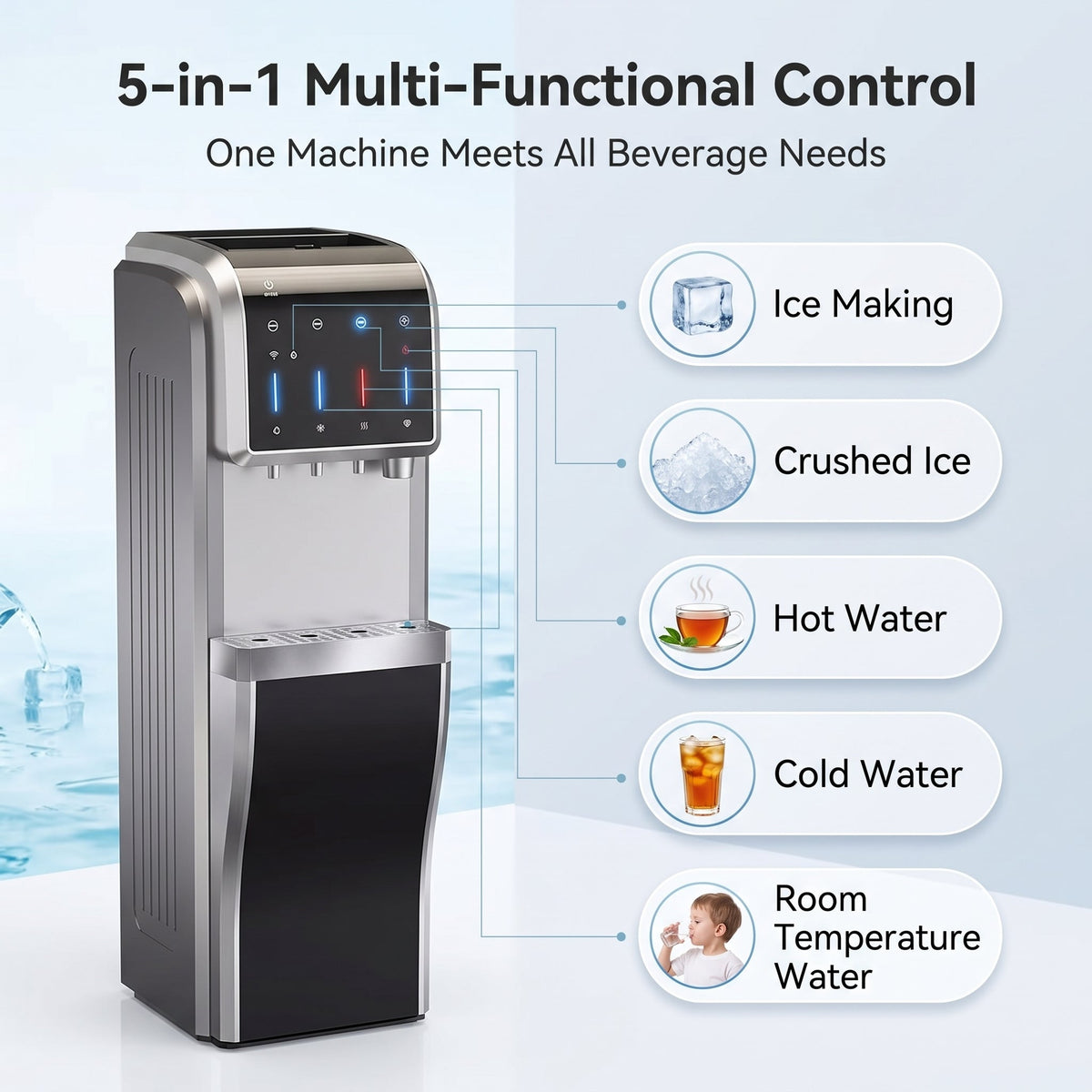 5-In-1 Bottom Loading Water Cooler Water Dispenser with Crushed & Chewable Ice Maker, Child Safety Lock Inset