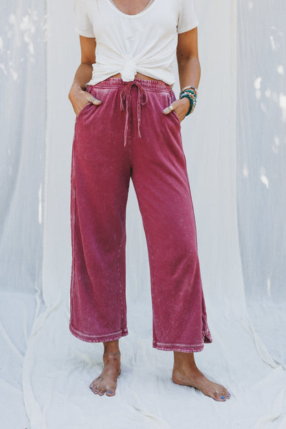 So Comfy Wide Leg Pant Cropped Length - Burgundy