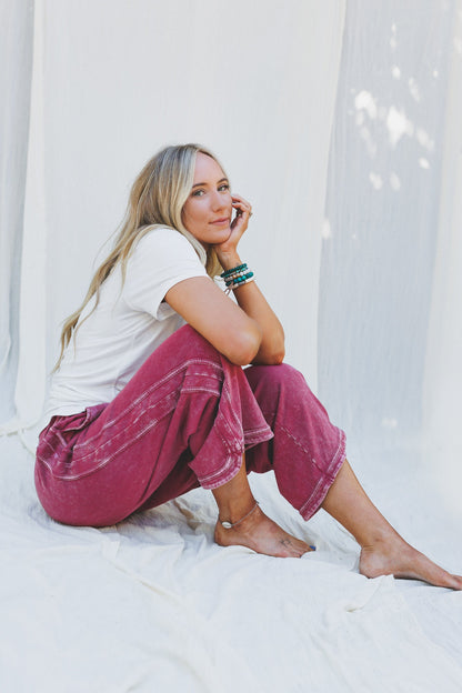 So Comfy Wide Leg Pant Cropped Length - Burgundy