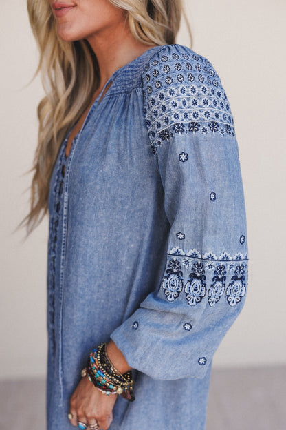 Bluegrass Button Embroidered Maxi Dress - Light Wash
