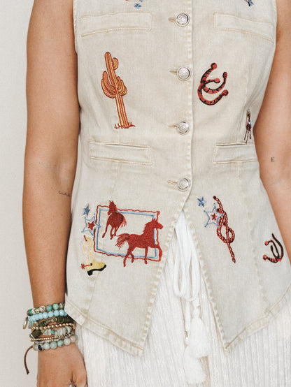 Best in the West Vest Embroidered Top - Washed Sand