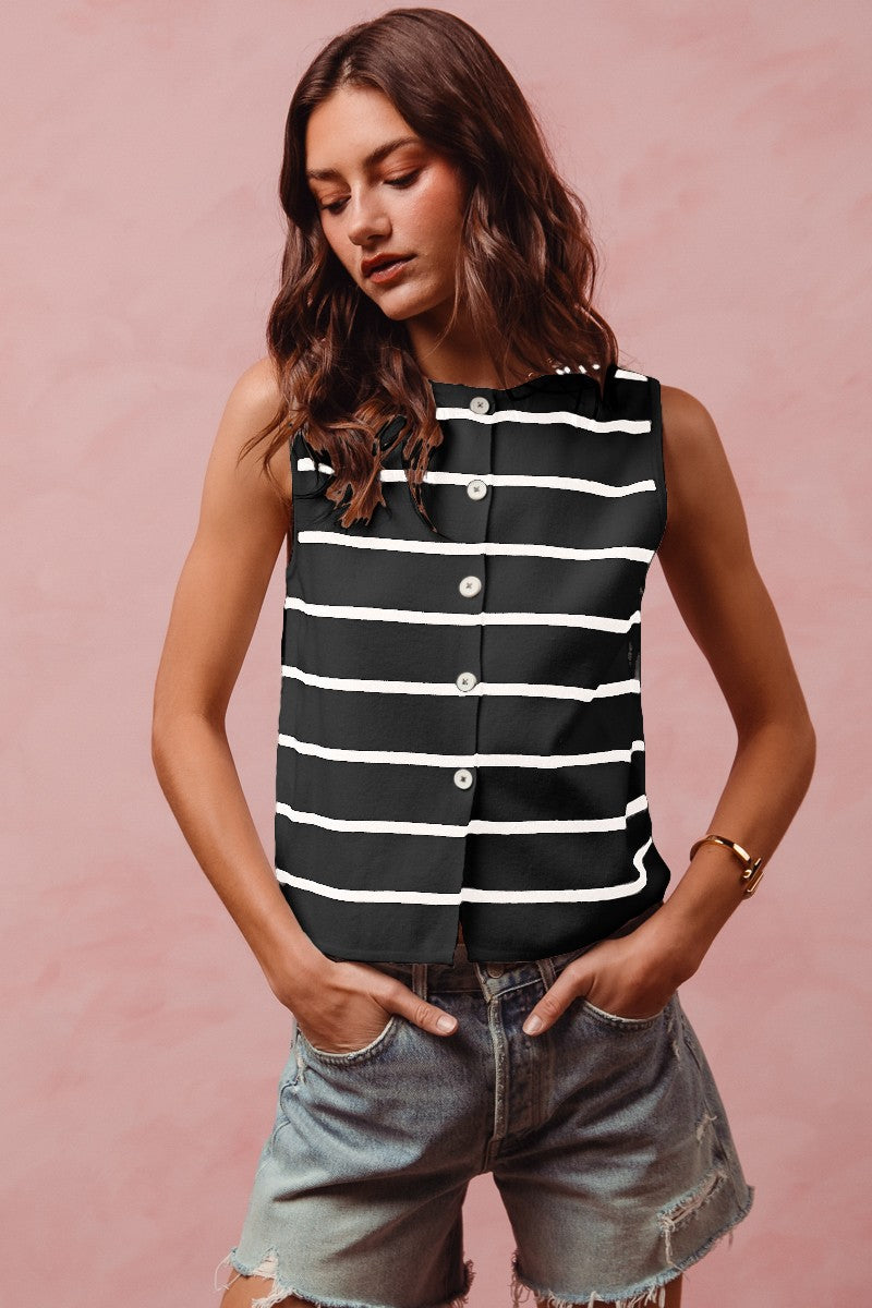 Hazel Blues® |  SO ME Button Front Stripe Fine Sweater Sleeveless Top