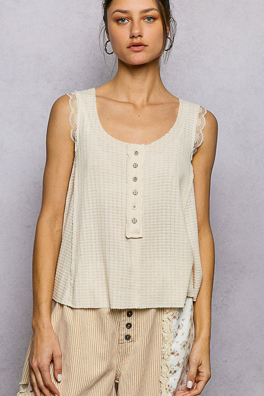 Hazel Blues® |  POL Textured Knit Round Neck Tank with Lace Detail