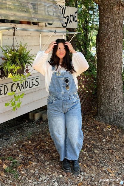 City Streets Barrel Leg Overalls - Denim