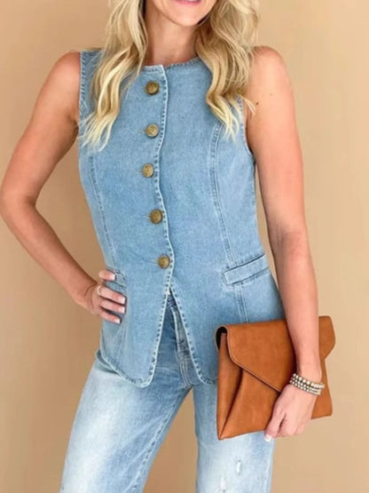 Hazel Blues® |  Sleeveless Button-Front Denim Vest