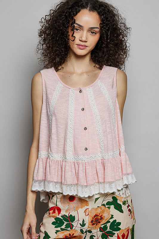 Hazel Blues® |  POL Lace Trim Ruffle Hem Button Detail Round Neck Sleeveless Top