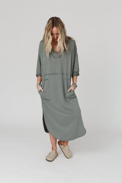 The Nest Meadow Long Sleeve Slit Maxi Dress - Light Olive