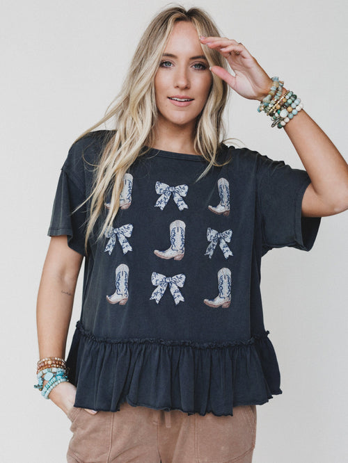 Boots and Bows Top - Washed Black