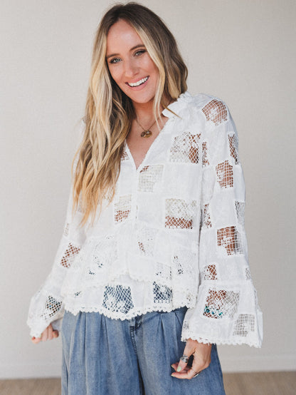 Eyelet Garden Bell Sleeve Blouse - Cream