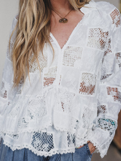 Eyelet Garden Bell Sleeve Blouse - Cream