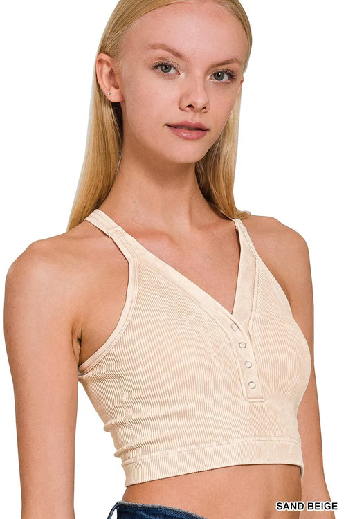 Hazel Blues® |  Zenana Washed Ribbed Seamless Button V-neck Tank Top