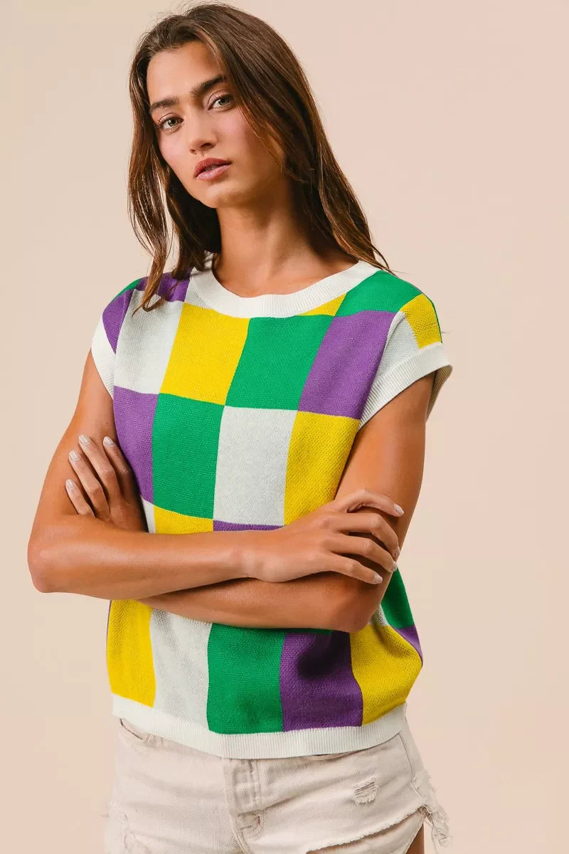 Hazel Blues® |  BiBi Mardi Gras Checker Pattern Sleeveless Sweater Top