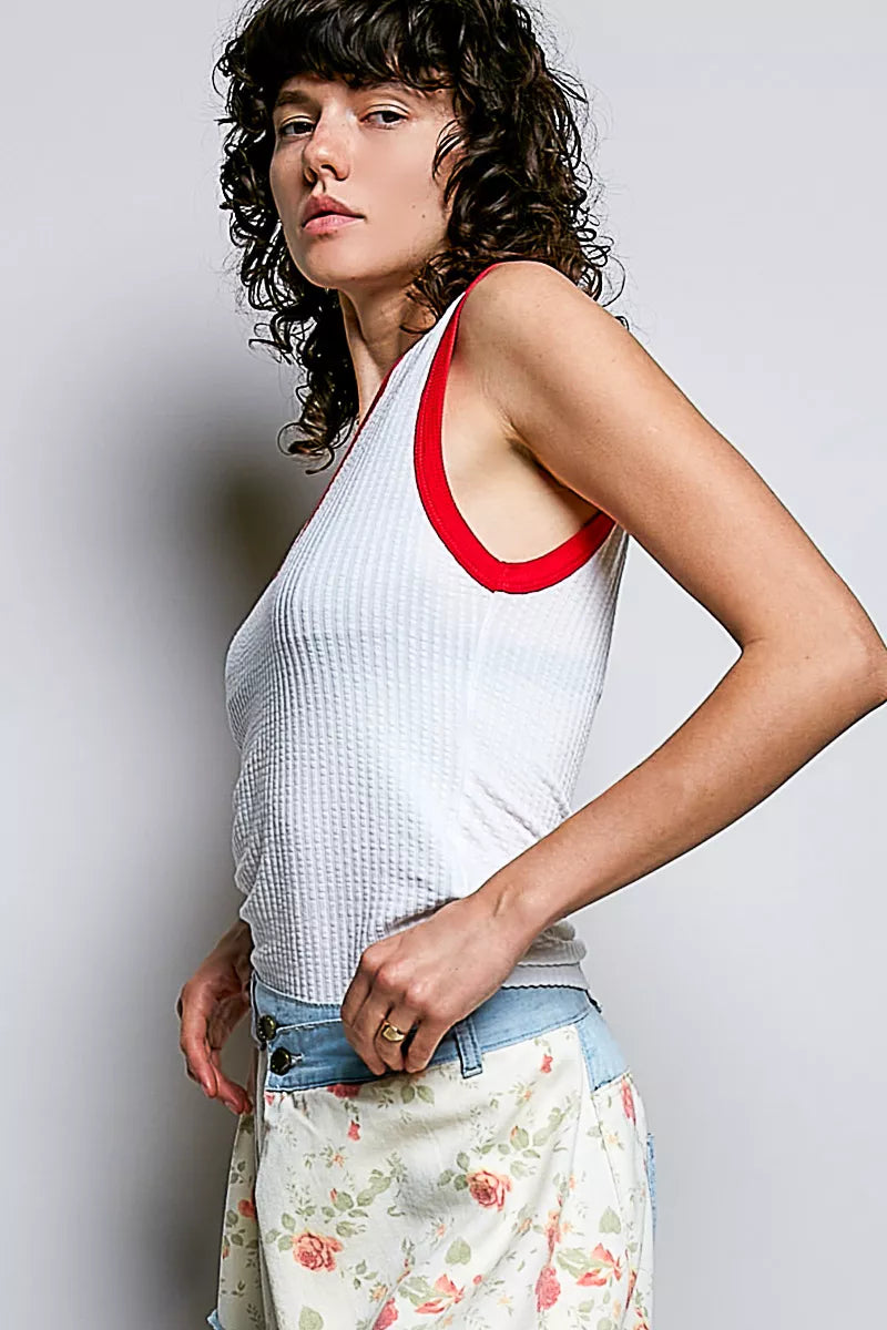 Hazel Blues® |  POL V-Neck Contrast Ribbed Sleeveless Tank
