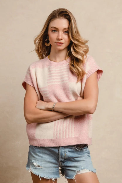 Hazel Blues® |  BiBi Checker With Stripes Pattern Sleeveless Sweater