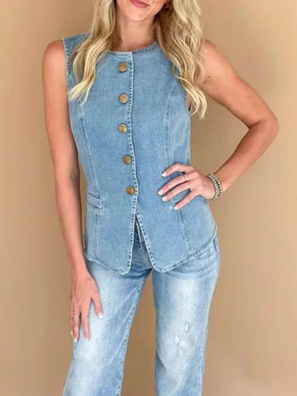 Hazel Blues® |  Sleeveless Button-Front Denim Vest