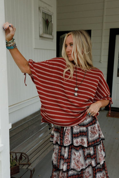 The Nest Little Lark Striped Puff Sleeve Tee - Rust