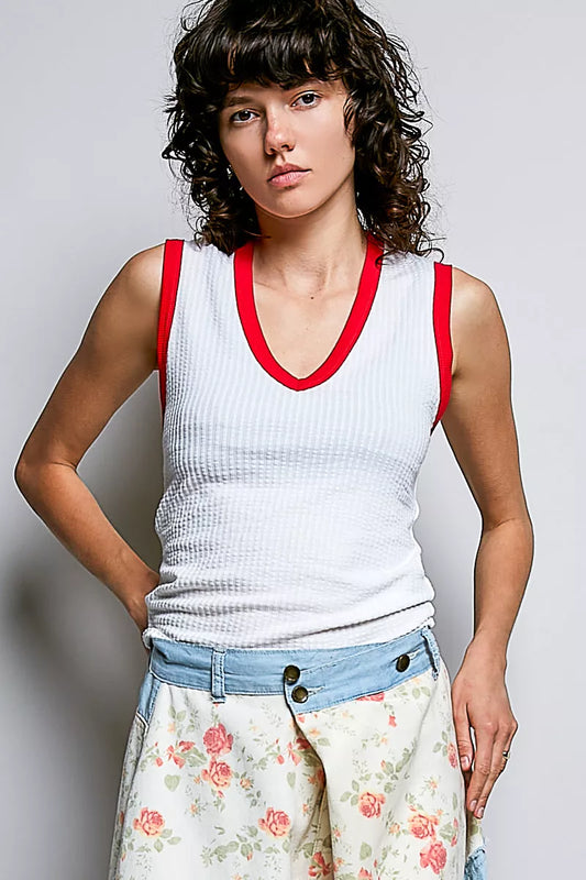 Hazel Blues® |  POL V-Neck Contrast Ribbed Sleeveless Tank