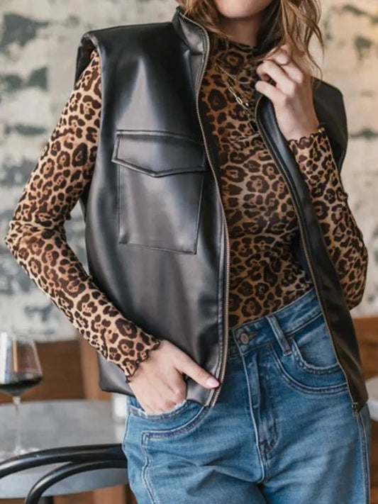 Hazel Blues® |  Leather Sleeveless Vest Coat with Zipper Closure