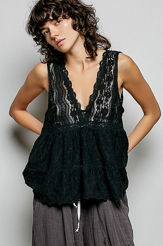 Hazel Blues® |  POL Deep V-Neck Scalloped Lace Sleeveless Top