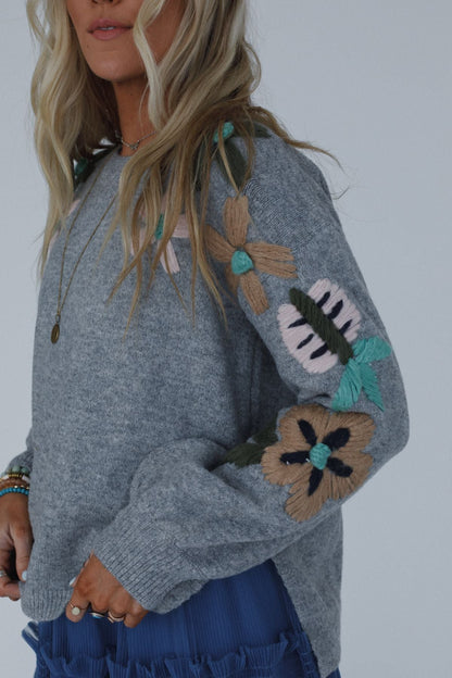 Wild Blossom Embroidered Sweater - Gray