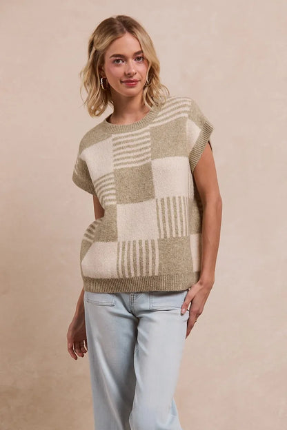 Hazel Blues® |  BiBi Checker With Stripes Pattern Sleeveless Sweater